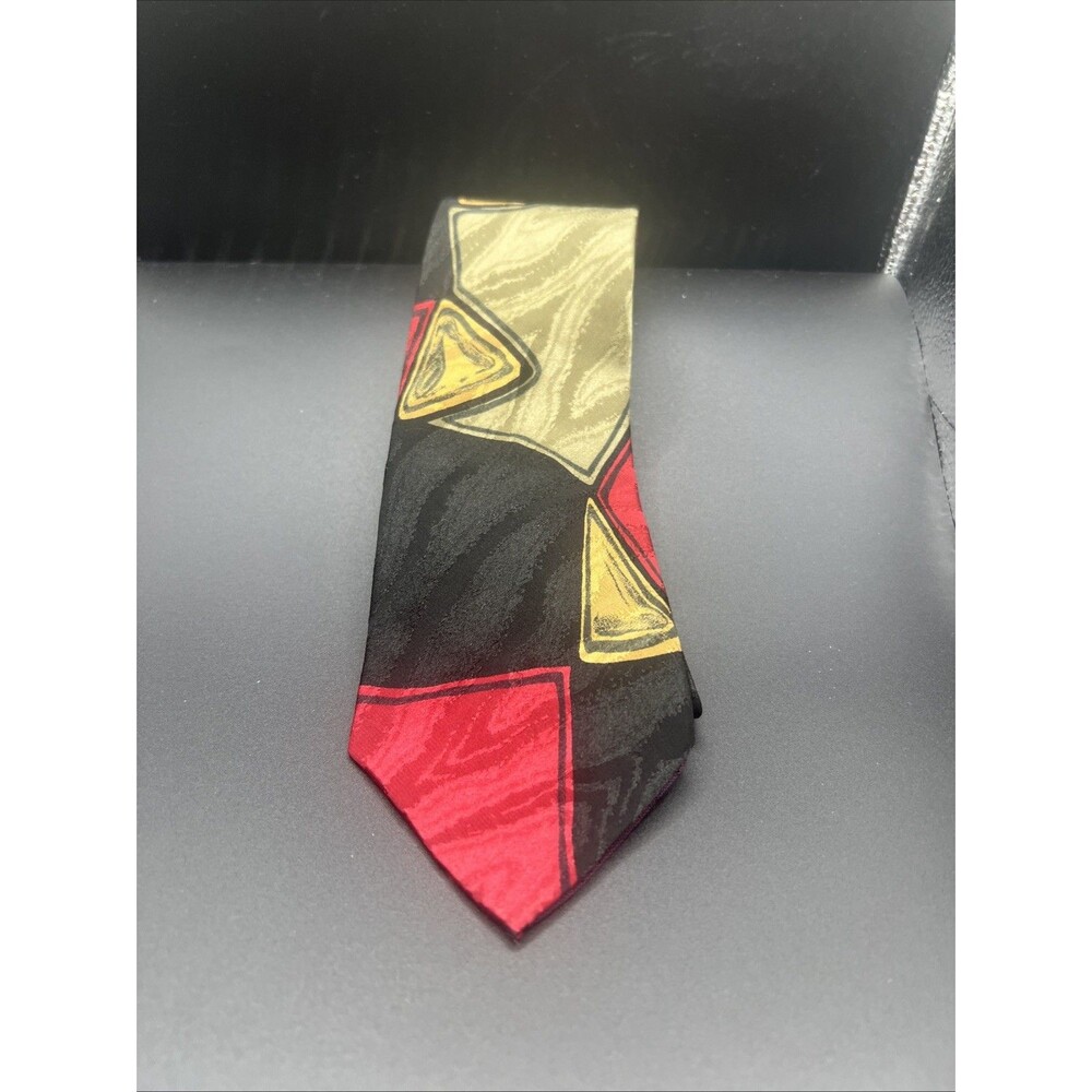 Jordache Concepts Tie abstract geometric design in black, red, and olive green.